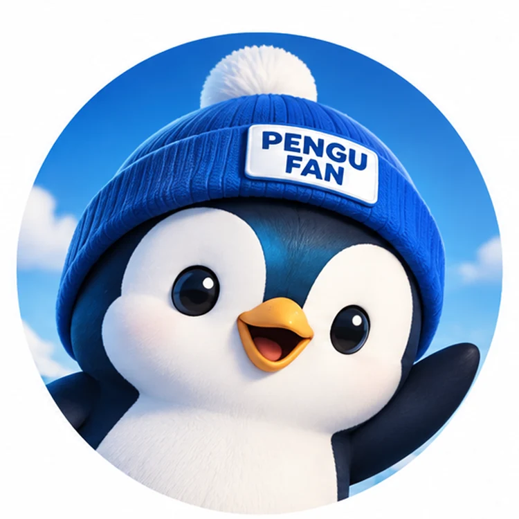 A close-up of the PENGU FAN mascot in its blue community beanie