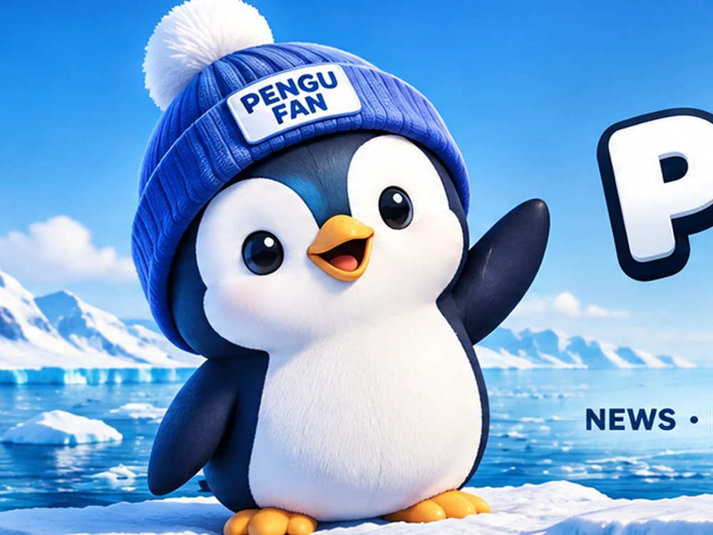 PENGU FAN penguin in a blue beanie, waving from the Arctic ice